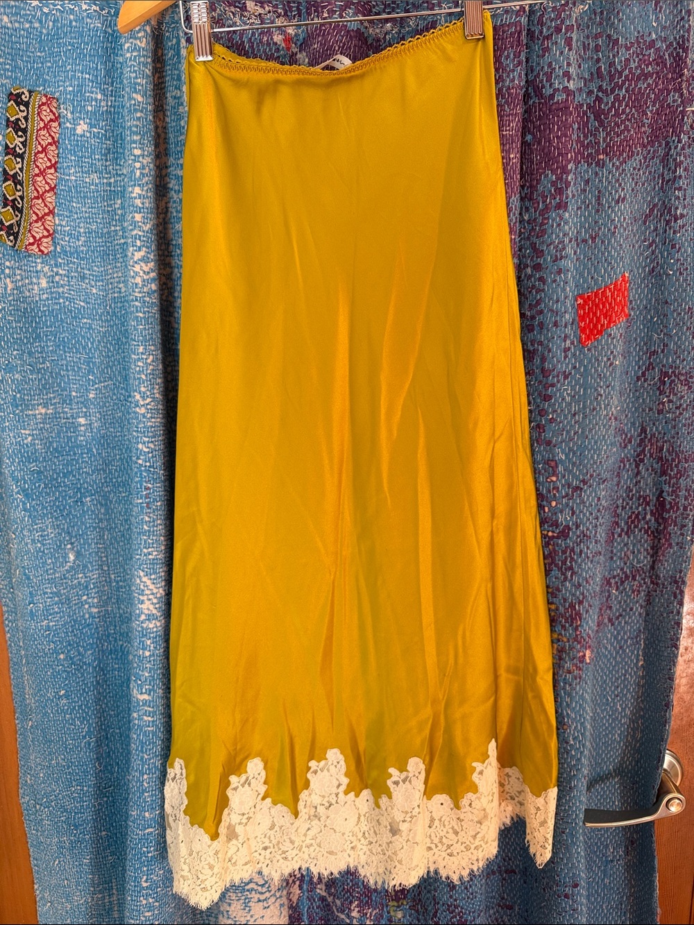 Doen Mustard Yellow Midi Slip Skirt with White Lace Hem